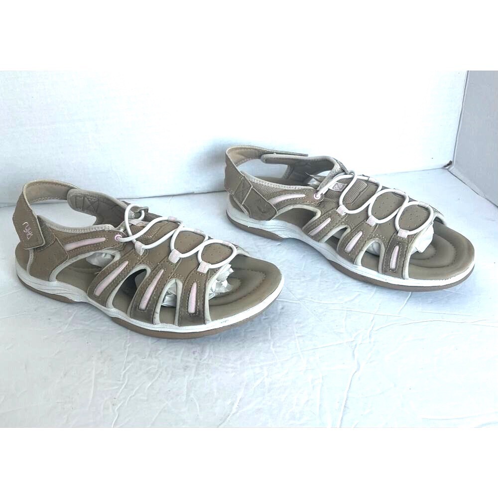 Ryka Grotto Hiking Fisherman Tan & Pink Square Toe Strappy Water Sandals Sz 11W‎